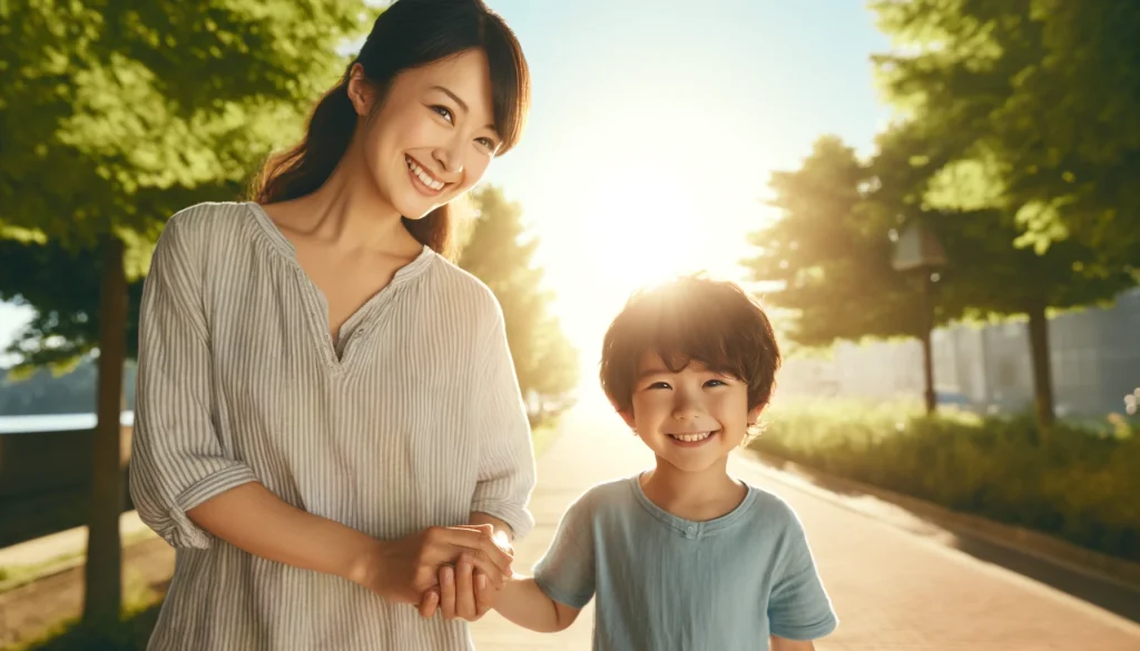 画像に alt 属性が指定されていません。ファイル名: DALLE-2024-06-11-10.41.01-A-heartwarming-scene-of-a-Japanese-mother-and-child-both-smiling-with-the-mother-gently-holding-the-childs-hand.-They-are-walking-together-towards--1024x585.webp